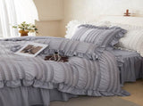 Pink Elegant Ruffle Seersucker Duvet Cover with 2PCS Pillow Shams - 3-Piece Vertical Stripe Clipped V888-ELOSUNG49365