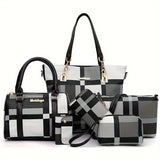 Women'S Bag Set Six Piece Bag Set Checkered Bag Large Capacity Bag Korean Style - Brown - Size V1347-127-40368-BRN-30-27-13