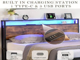 Queen Bed Frame with Storage, Industrial Bed with Led Lights Headboard and 2 Drawers, Wooden Bed V1127-AU-2044QN-BRN