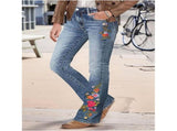 Women'S Floral Embroidery Mid Waist Mid Stretch Bootcut Jeans with Pockets Blue M V1192-AZ-W-20810