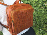 Pierre Cardin Woven Leather Ladies Backpack Bag Travel Satchel Zip - Cognac V563-PC-3305-COGNAC