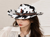 White Cow Print Western Cowboy Hat - Retro Cattle Head Studded Band, 57cm Head Fit, Wide Brim V888-ELOSUNG57120-1