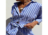 Women'S Shirt Dress Casual Lapel 3/4 Sleeve Button-Down Collar Slit Tie Resort Maxi Dress Blue XL V1370-AZ4-10413
