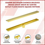 1200mm Bathroom Shower Brushed Brass Grate Drain w/ Centre outlet Floor Waste Square Pattern V63-844721