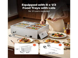 Commercial Food Warmer, 1500W Electric Stainless Steel Steam Food Warmer with Lid, 6-Pan Fast V952-SYSPBWQPTK61338ZN002V3
