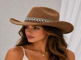 Rhinestone Cowboy Hat - Camel Western Hat with Iridescent Gemstone Fringe Band, Wide Curved Brim for V888-ELOSUNG57116-6