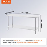 Stainless Steel Prep Table, 24 x 72 x 34 Inch, Heavy Duty Metal Worktable with 3 Adjustable Height V952-CFBXGGZTLCWJFVL3YV0