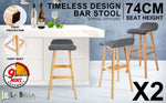 2X Wooden Bar Stool Dining Chair Fabric SOPHIA 74cm GREY V274-FT-WBSFAB-84GY2