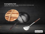 Kitchee 32cm Carbon Steel Wok Set Flat Bottom with Wood Lid Spatula - Induction Ready V238-SUPDZ-41318283444304