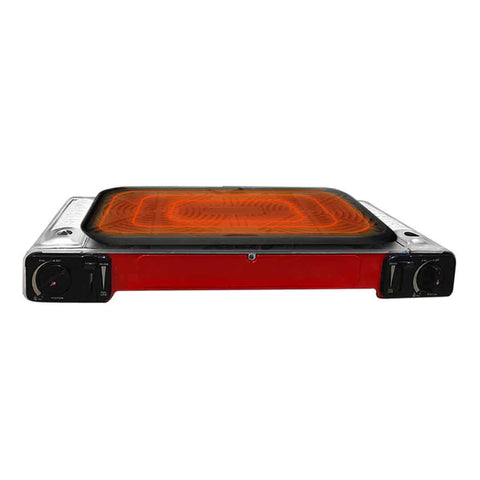 Portable Double Gas Burner Stove Butane Cooker with Non-stick Grill BBQ Plate Red GASBURNERDOUBLEREDWITHPLATE