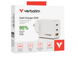 Verbatim 3 Port 65 Watt Portable GaN charger, 2 x USB-C PD 65w, 1x USB-A QC 3.0, GNC-65A Compact V1202-V2-MPV-67016