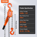 Manual Lever Chain Hoist, 1-1/2 Ton 3300 lbs Capacity 10 FT Come Along, G80 Galvanized Carbon Steel V952-CGSBH112T10FTYOZ9V0