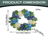 Hydrangea Wreath For Front Door Flower Floral Large 16" Blue White Hanging Spring Summer V1192-AZ-W-27892