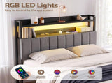 Artiss Double Headboard Charging Station Storage LED Light Grey Upholstered BED-HEAD-ZAK-D-BK
