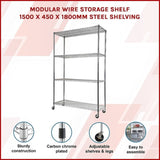 Modular Wire Storage Shelf 1500 x 450 x 1920mm Steel Shelving with Wheels V63-841191