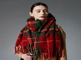 Brown Red Striped Wool-Blend Beanie & Plaid Fringed Scarf Set Soft Knit Hat and V888-ELOSUNG54007