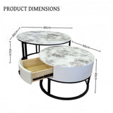 Snowy Mountain Faux Modern Marble Slate Nesting Coffee Table Set Leather Wrapped Wood Drawers V255-CT-NESTING-GOLDFRM-CW-WH