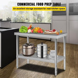 Stainless Steel Prep Table, 122 x 46 x 86 cm, 250kg Load Capacity Heavy Duty Metal Worktable with V952-J48X18X34INCH1I8LV0
