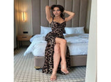 Women's Leopard Print Bodycon Dresses Spaghetti Strap Long Maxi Drawstring Slit Ruched Dress for V1366-AZ2-W-14602