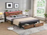 Queen Bed Frame with Storage, Industrial Bed with Led Lights Headboard and 2 Drawers, Wooden Bed V1127-AU-2044QN-BRN