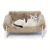 cat sofa bed, faux-fur cat bed, checkered pet bed, warm pet bed, washable pet bed, wooden cat bed, V1106-135-13039-BEG-L