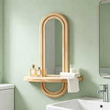 Double Layered Arched Wooden Wall Mirror Built-In Floating Shelf, Decorative Wall Mount Mirror V1369-AZ3-W-15357