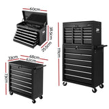 Giantz 15 Drawer Tool Box Cabinet Chest Trolley Toolbox Garage Storage Box TB-15DR-96-BK