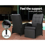 Gardeon 3PC Recliner Chairs Table Sun lounge Outdoor Furniture Wicker Adjustable Black ODF-RCL-RW-FT-3BK