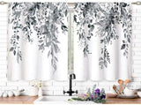 Blue Grey Eucalyptus Botanical Leaves Floral Kitchen Window Curtains Over Sink Farmhouse Flower Leaf V1192-AZ-W-25014