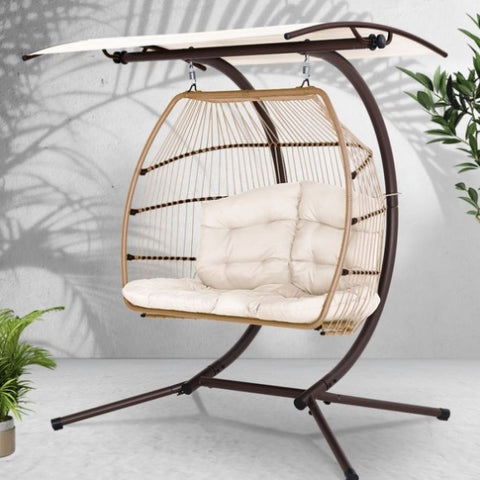 Gardeon Outdoor Egg Swing Chair Wicker Furniture Pod Stand Canopy 2 Seater Latte HM-EGG-FOLD-D-CR