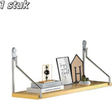 No-Drill Wood-Look Floating Wall Shelf with Metal Rails, Adhesive Hooks and Screws, 40 x 15 cm V1188-MS-731-081