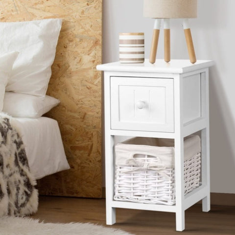 Artiss Bedside Table 1 Drawer with Basket Rustic White X2 ST-CAB-1D-1B-WHX2