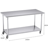 SOGA 150cm Commercial Catering Kitchen Stainless Steel Prep Work Bench Table with Wheels WORKBENCHSS8010150CM