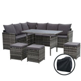 Gardeon Outdoor Dining Set Sofa Lounge Setting Chairs Table Ottoman Grey Cover ODF-SDBOSS-3OTM-GE-COVER