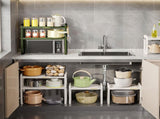 Tabletop Kitchen Storage Rack White Plastic Double Layers Telescopic Kitchen Shelf Organizer for V1294-YM0521-3118220328711