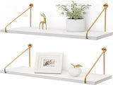 2-Piece White Floating Wall Shelf Set with Gold Metal Rails for Kitchen, Bedroom and Living Room V1188-MS-731-133