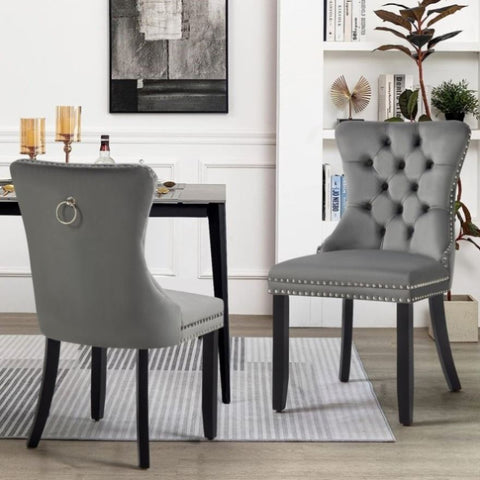 Set of 2 - Alsea Dark Grey Velvet & Black Rubberwood Dining Chairs Upholstered Tufted Stud Trim and V292-DC-ALSEA-DGREY-BLACK