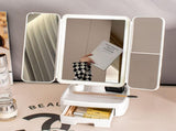 Elegant Tri-Fold Shell LED Vanity Mirror - Smart Makeup Gift with Storage & Illumination V888-ELOSUNG18334
