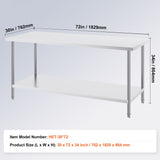 Stainless Steel Prep Table, 30 x 72 x 34 Inch, Heavy Duty Metal Worktable with 3 Adjustable Height V952-CFBXGGZTLCWJS66RVV0