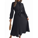 Women'S Long Sleeve Pleated Dress Casual Semi Formal Church Dress Mock Neck A Line Flowy Midi V1370-AZ4-10436