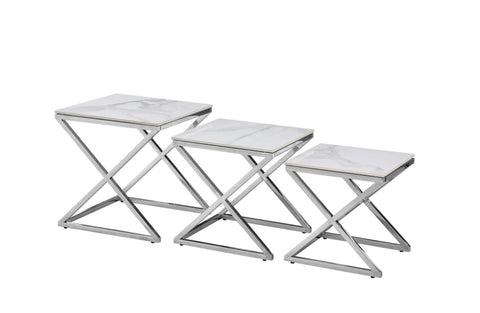 Bella Set of 3 Silver Side Table - White Marble V292-ST-BELLA-SO3-SILVERBASE-WHITEMARBLE