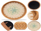 Rattan Tray with Mother of Pearl Inlay Wooden Base, Serving Basket for Breakfast Food, Round Tray as V1366-AZ2-W-19854