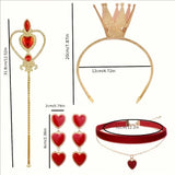 Alice Queen of Hearts 4-Piece Set, Red-Black Cape Silver Scepter, Gold Crown, Playing Card V1232-HHZPTZ-001