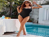 Women's Black One Piece Swimsuit with White Trim Adjustable Strap, Ribbed, High Cut for Sports & V1107-BLACK ONE PIECE SWIMSUIT-M