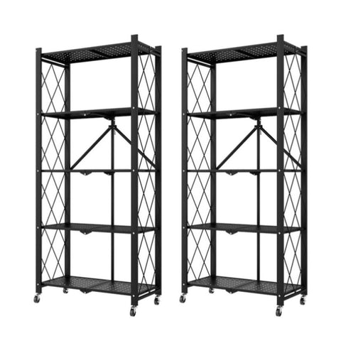 SOGA 2X 5 Tier Steel Black Foldable Kitchen Cart Multi-Functional Shelves Portable Storage Organizer KITCHENXY003X2