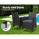 Gardeon 3PC Outdoor Bistro Set Patio Furniture Wicker Setting Chairs Table Cushion Black ODF-BISTRO-RATTAN-BK