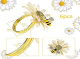 Set of 12 Daisies and Sunflowers Napkin Rings, Gold Napkin Ring Holders with Bees for Formal or V1188-RD-120224