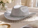 Silver Rhinestone Fringe Cowboy Hat - Sparkling Western Party Hat with Round Gemstone Band and V888-ELOSUNG57115-1