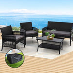 Gardeon 4PCS OutdoorSofa Set with Storage Cover Wicker Harp Chair Table Black ODF-RATTAN-HARP-BK-AB-COVER