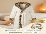 Coral Fleece Leopard Trim Bathrobe Set Bow Headband Included- White Hooded Plush Dressing Gown with V888-ELOSUNG54486